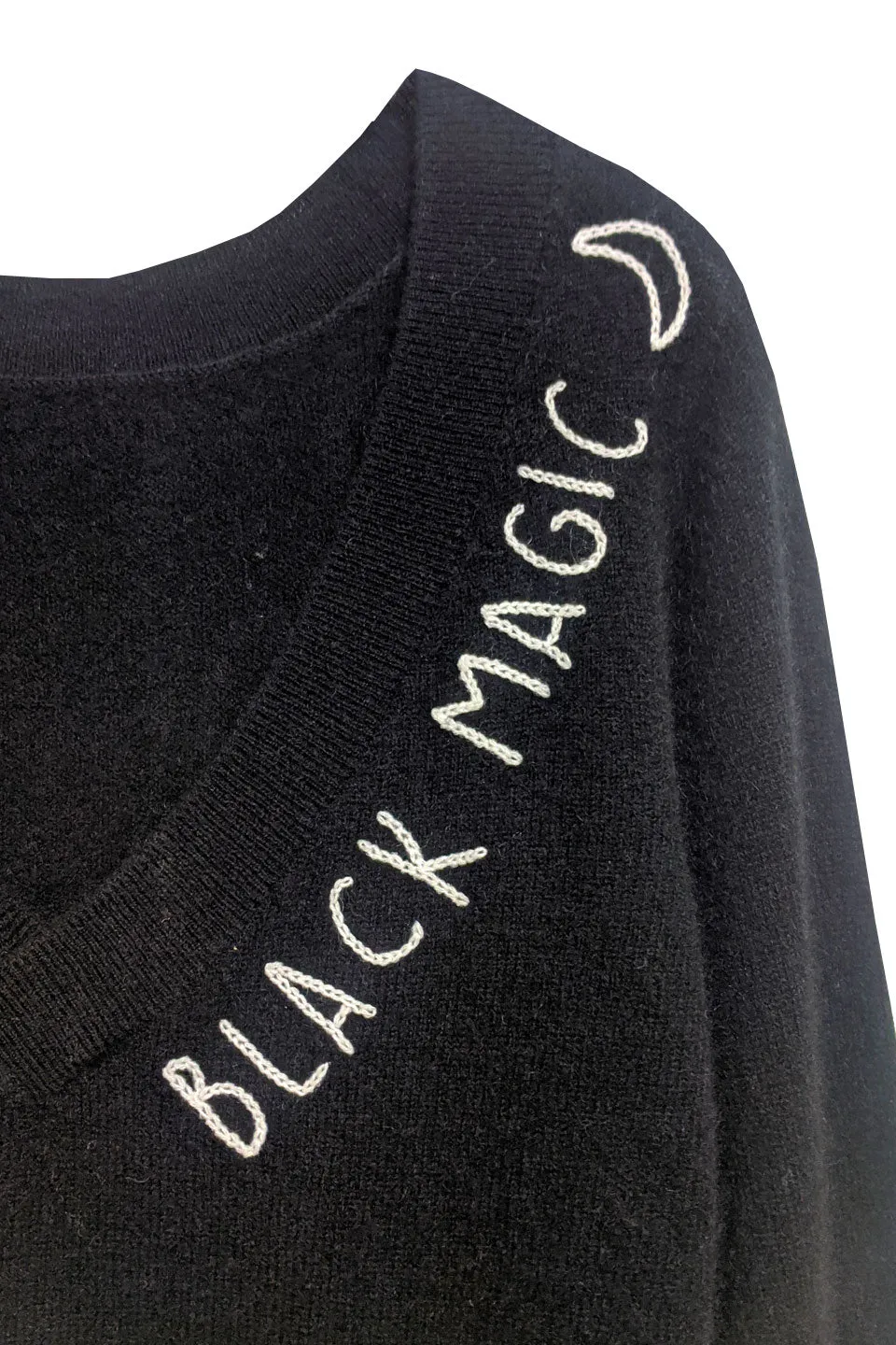 100% Cashmere Essentail V-Neck Sweater in Black with Black Magic Embroidery Stitch