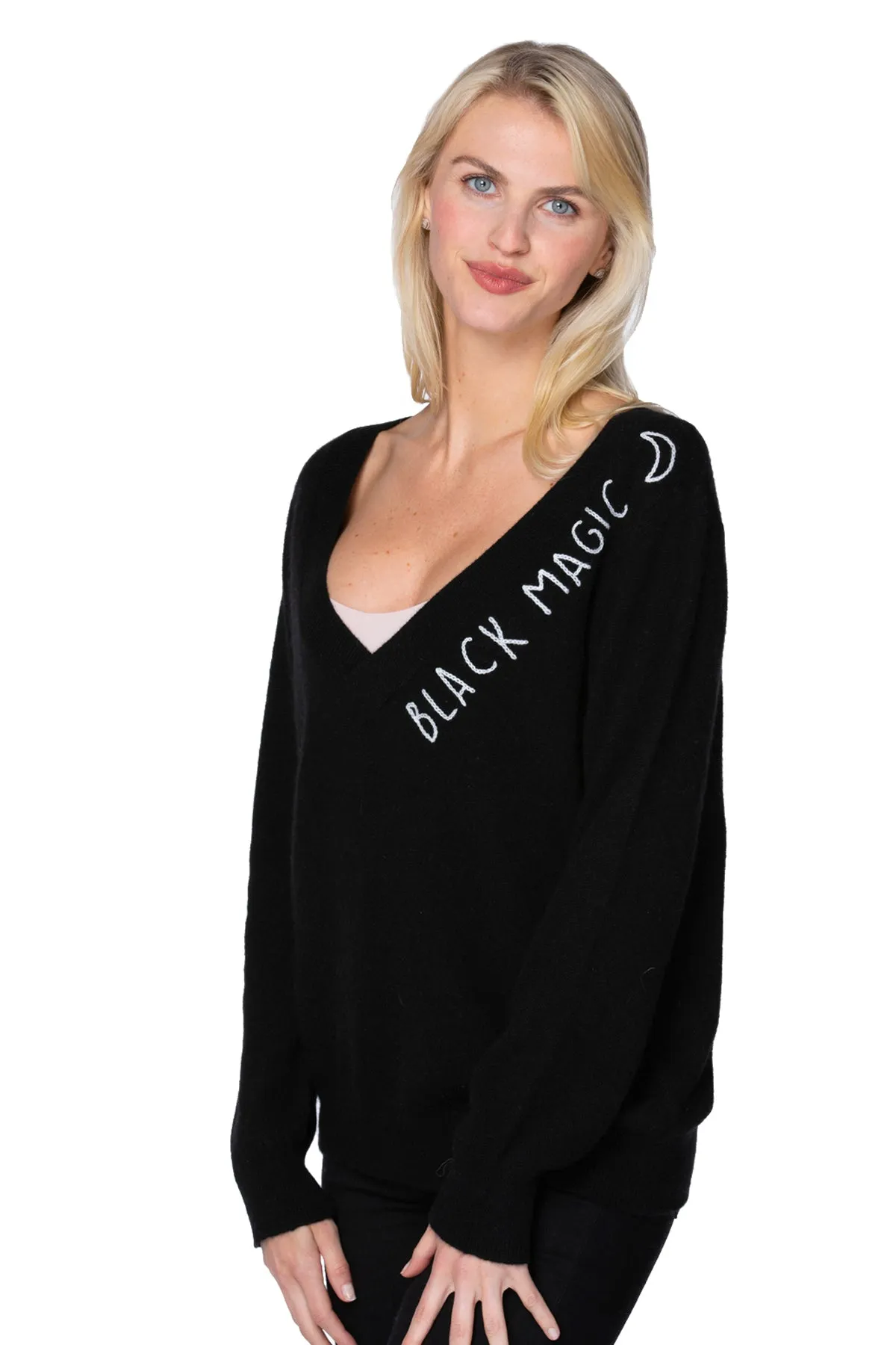 100% Cashmere Essentail V-Neck Sweater in Black with Black Magic Embroidery Stitch