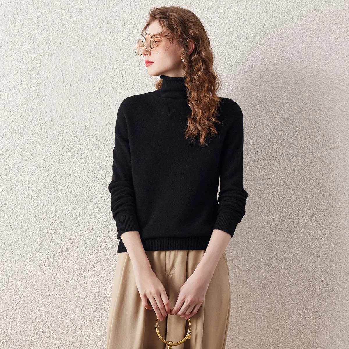 100% Wool Ribbed Design Turtleneck Sweater