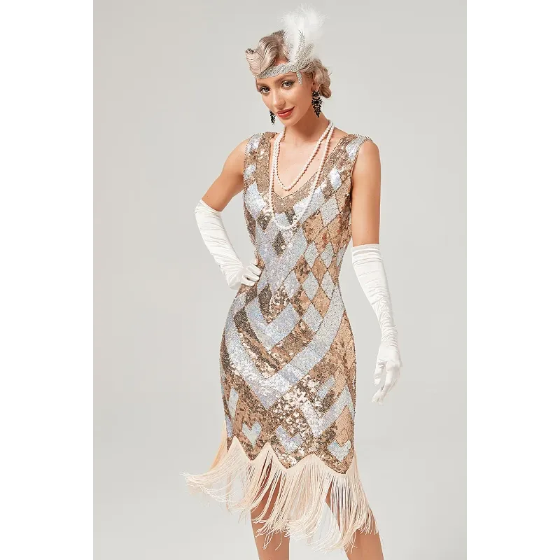 1920s Golden Sequined Gatsby Dress - Gold - Hire