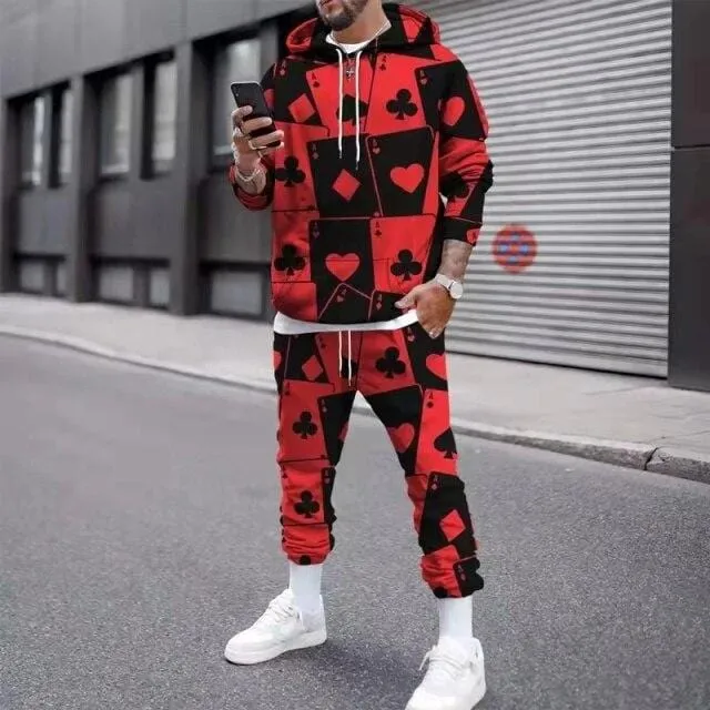 2021 Autumn New Men's Sets 3D Printed Poker Hoodie Casual Sweatpants Clothes Men Sportswear Two-piece Winter Fashion Suit