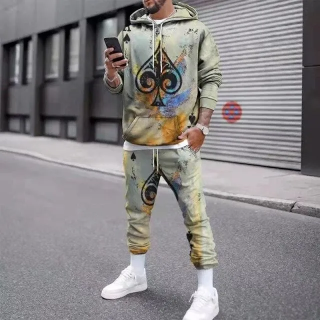 2021 Autumn New Men's Sets 3D Printed Poker Hoodie Casual Sweatpants Clothes Men Sportswear Two-piece Winter Fashion Suit