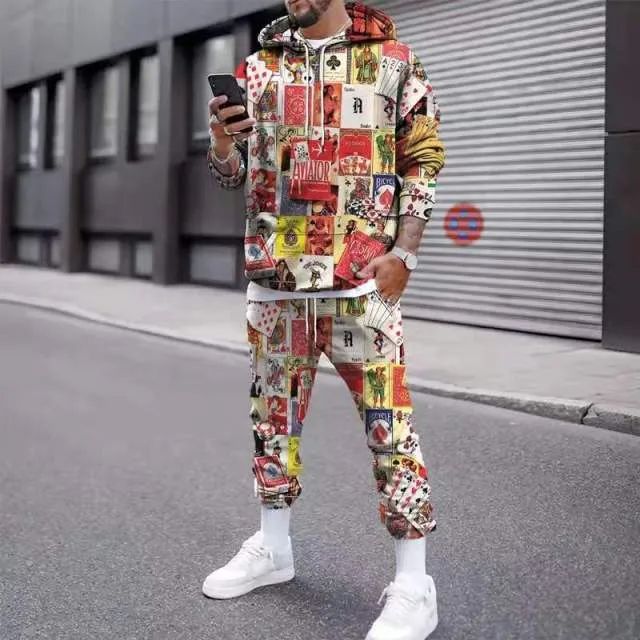 2021 Autumn New Men's Sets 3D Printed Poker Hoodie Casual Sweatpants Clothes Men Sportswear Two-piece Winter Fashion Suit