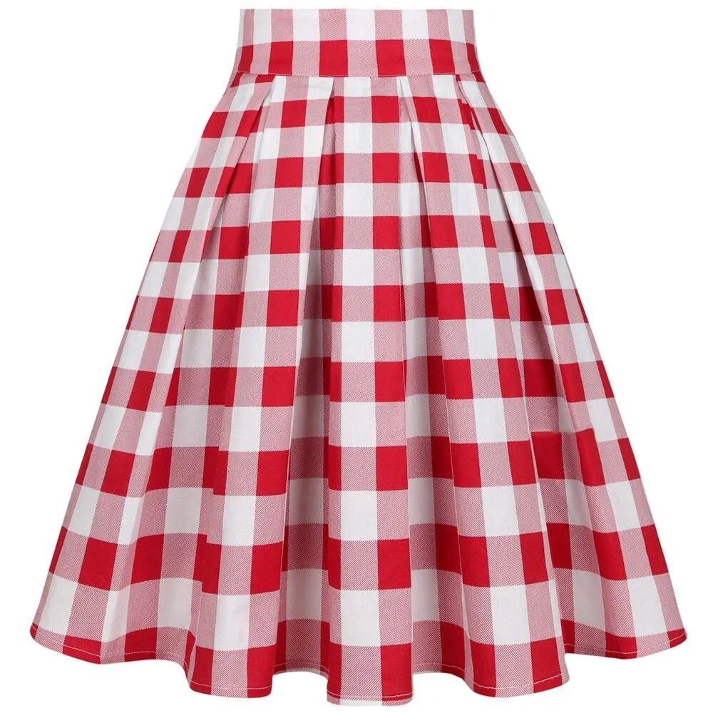 2021 Vintage Pleated Skirt England Style Plaid Print High Waist Womens Retro School Summer Skirt 50s Rockabilly Red Midi Skater