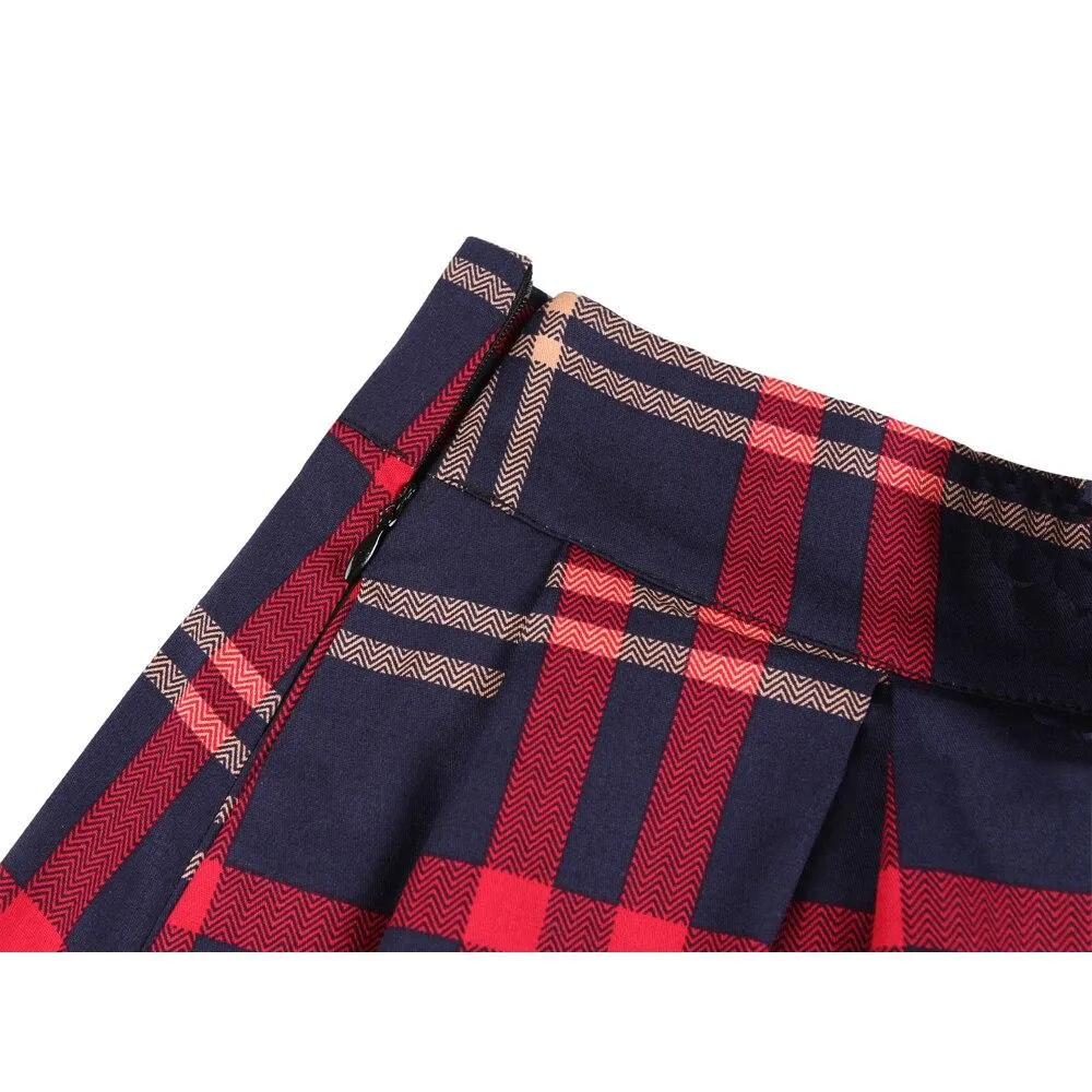 2021 Vintage Pleated Skirt England Style Plaid Print High Waist Womens Retro School Summer Skirt 50s Rockabilly Red Midi Skater