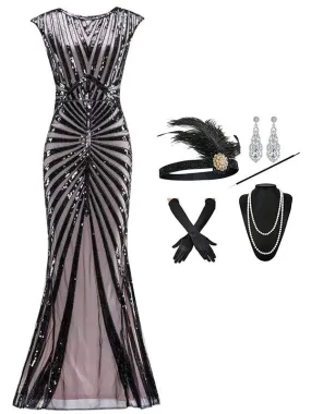 2PCS Sequined Maxi 1920s Dress & Accessories Set