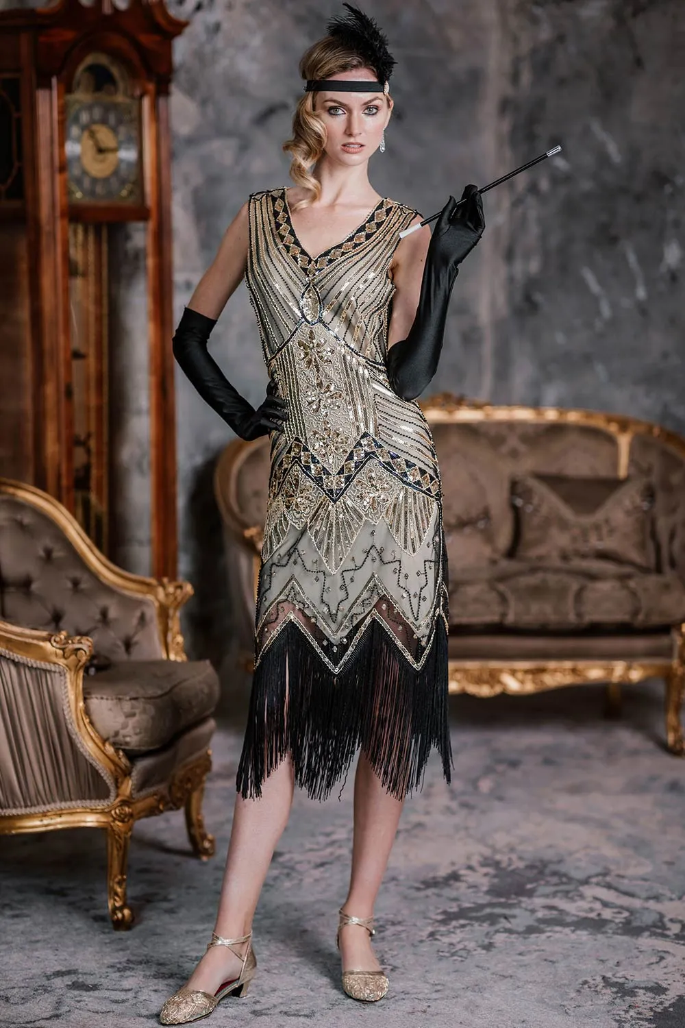 2PCS Top Seller Champagne 1920s Dress & Accessories Set