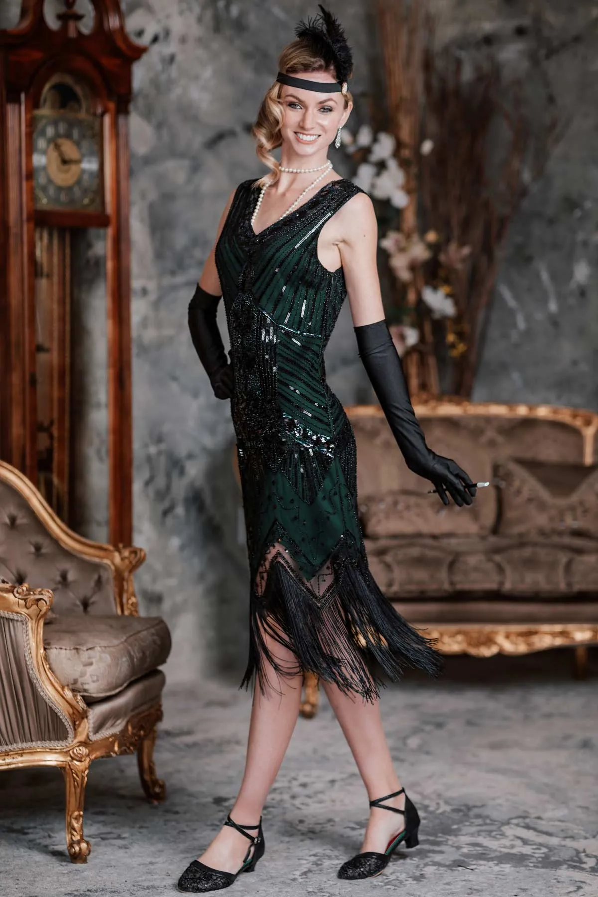 2PCS Top Seller Dark Green 1920s Dress & Accessories Set