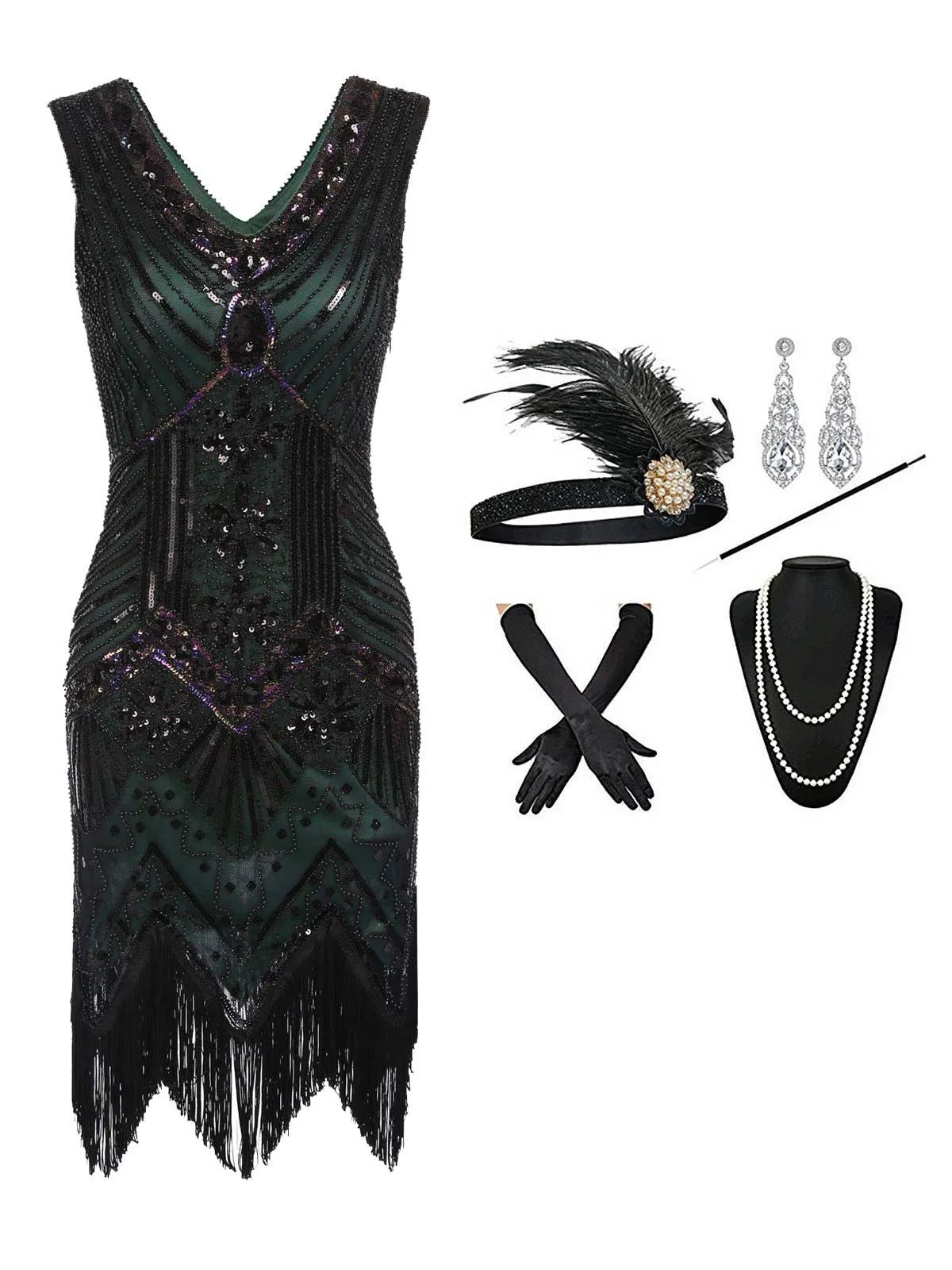 2PCS Top Seller Dark Green 1920s Dress & Accessories Set