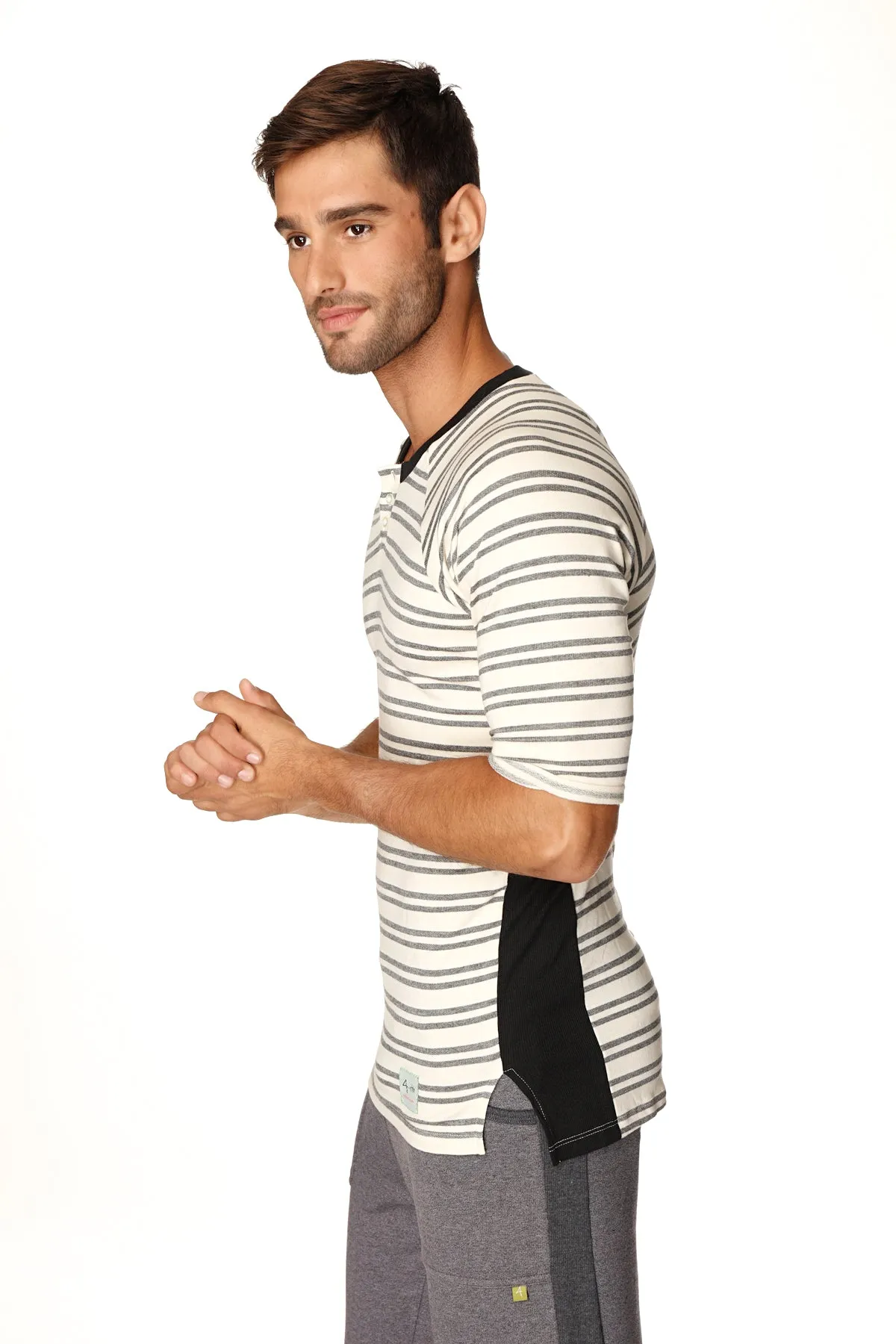 4-rth Mens Vintage-Stripe Henley Tee in French Terry Loop (Dark Grey Double Stripe)