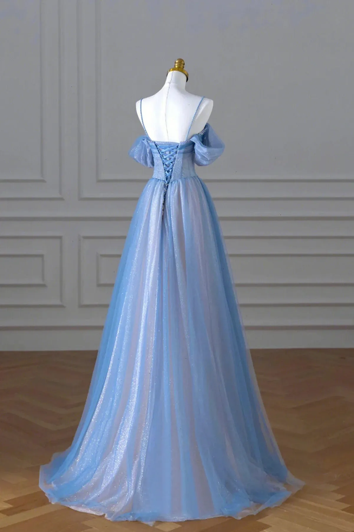 A-line Light Blue and Pink Long Evening Dress, Blue Party Dress Prom Dress