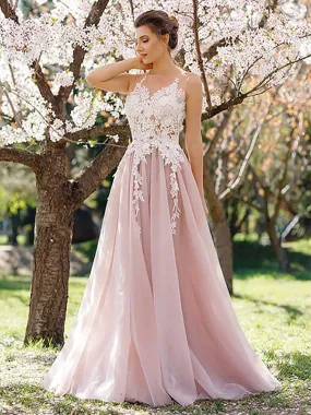 A Line Round Neck White Lace Pink Tulle Long Prom, Pink Formal, Evening