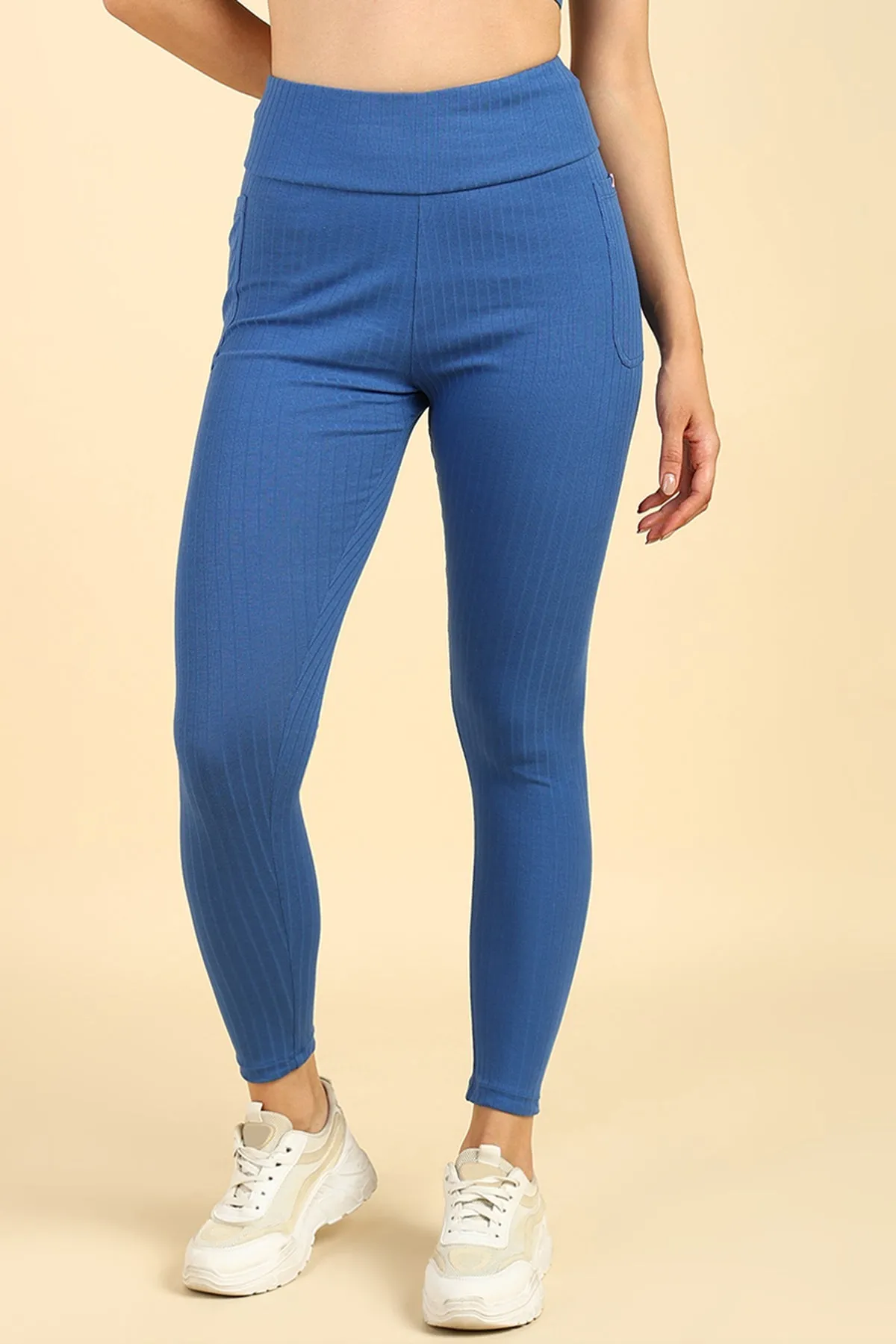 All Over Ribbed Cotton Blue Mom Legging