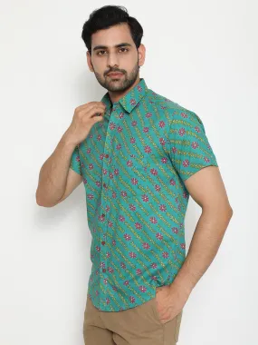 Aqua blue Short Sleeve Cotton Slim Hand Block Printed Men’s Shirt