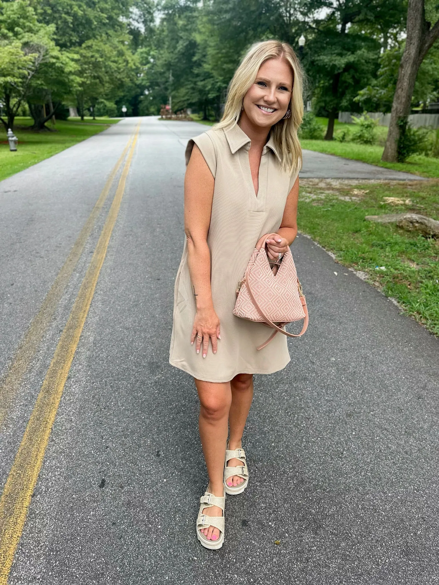 Are We Out Of The Woods Collar Sleeveless Textured V Neck Dress-Taupe