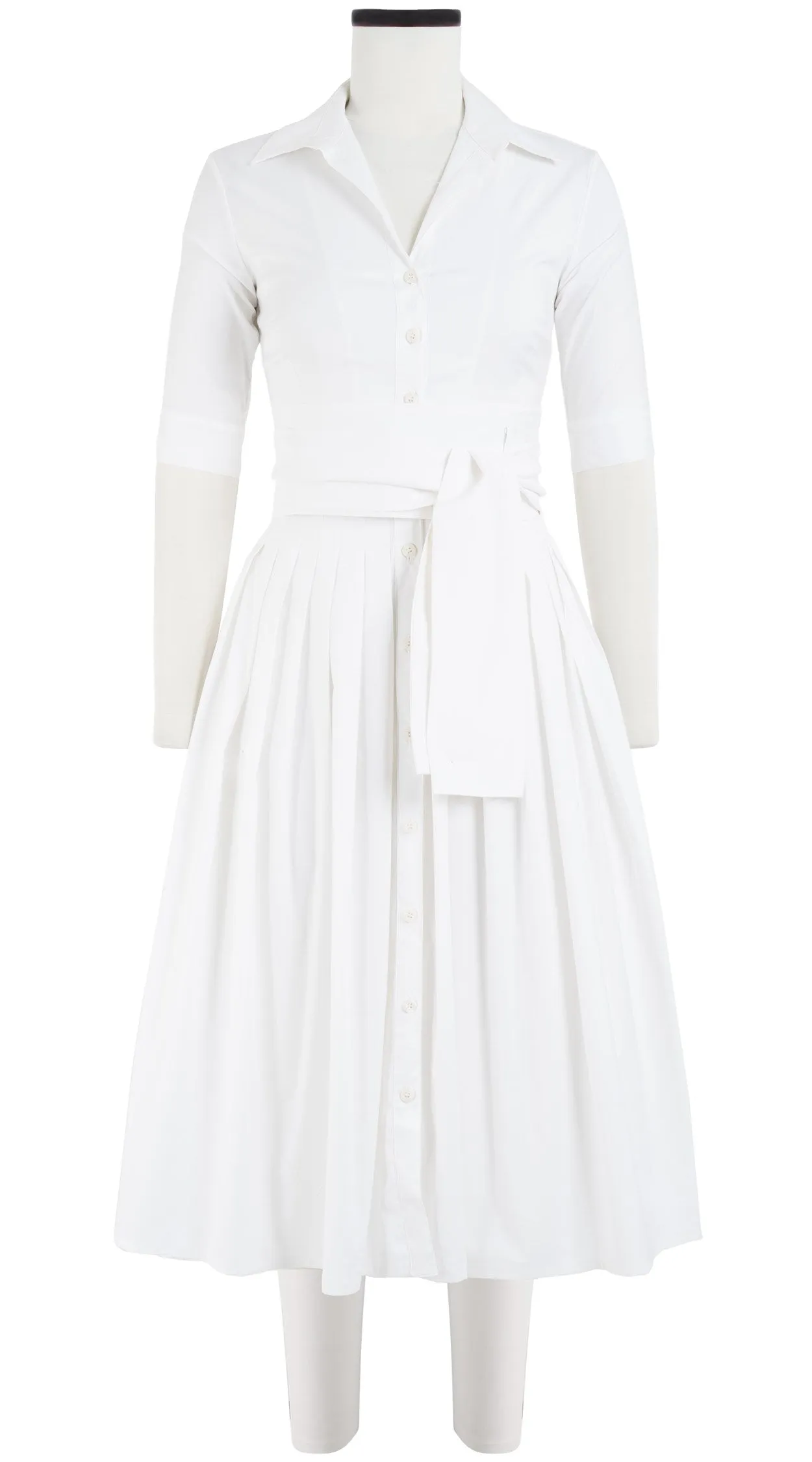 Audrey Dress #2 Shirt Collar 1/2 Sleeve Midi Length Cotton Stretch_Solid_White