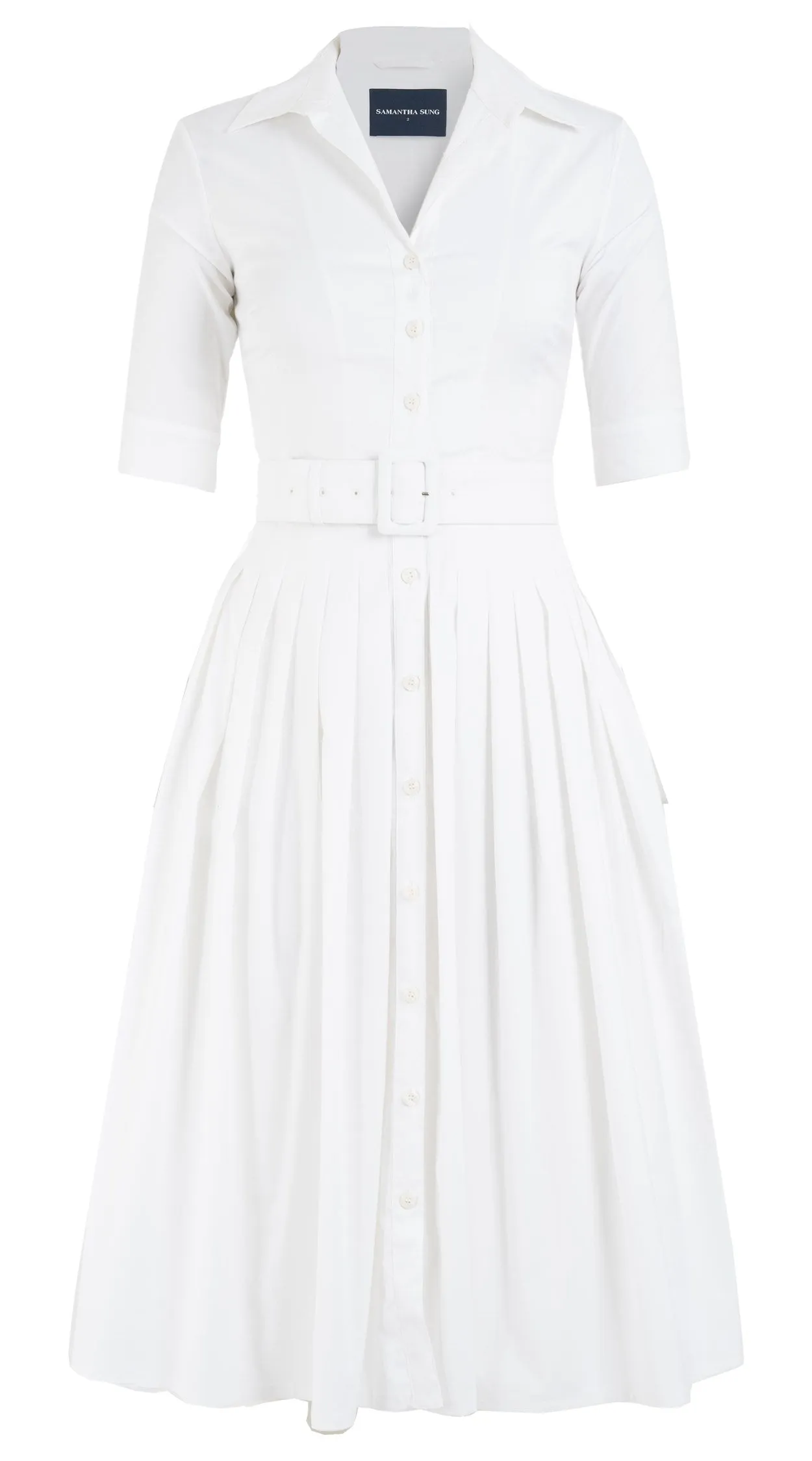 Audrey Dress #2 Shirt Collar 1/2 Sleeve Midi Length Cotton Stretch_Solid_White