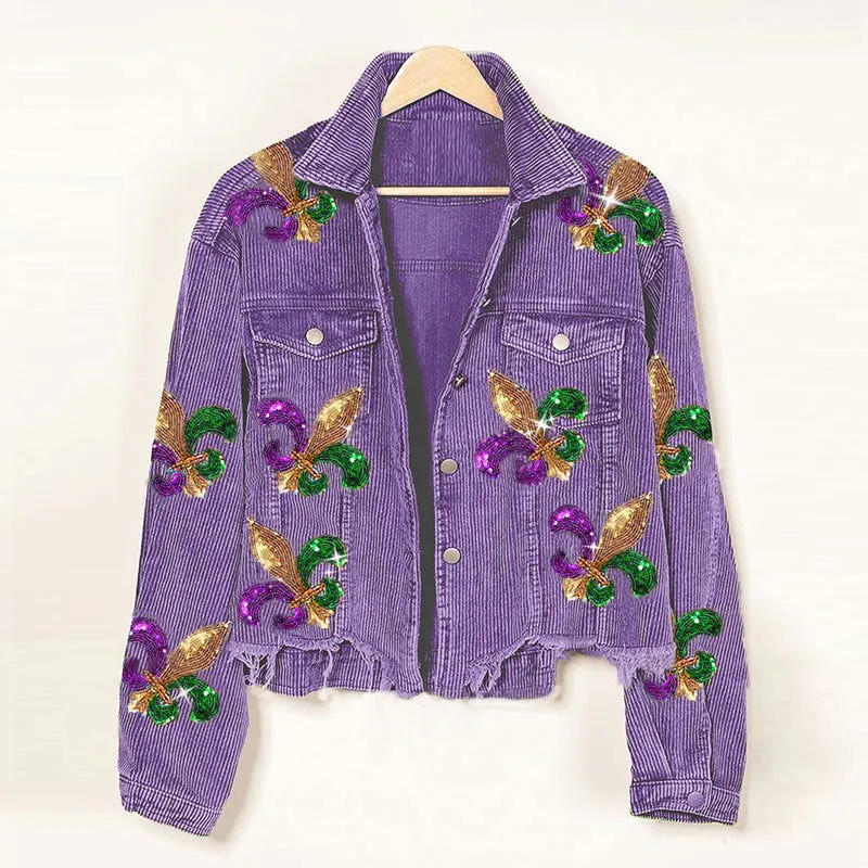 Autumn Winter Corduroy Sequined Jacket Coat Tassel Baseball Top Women Clothing