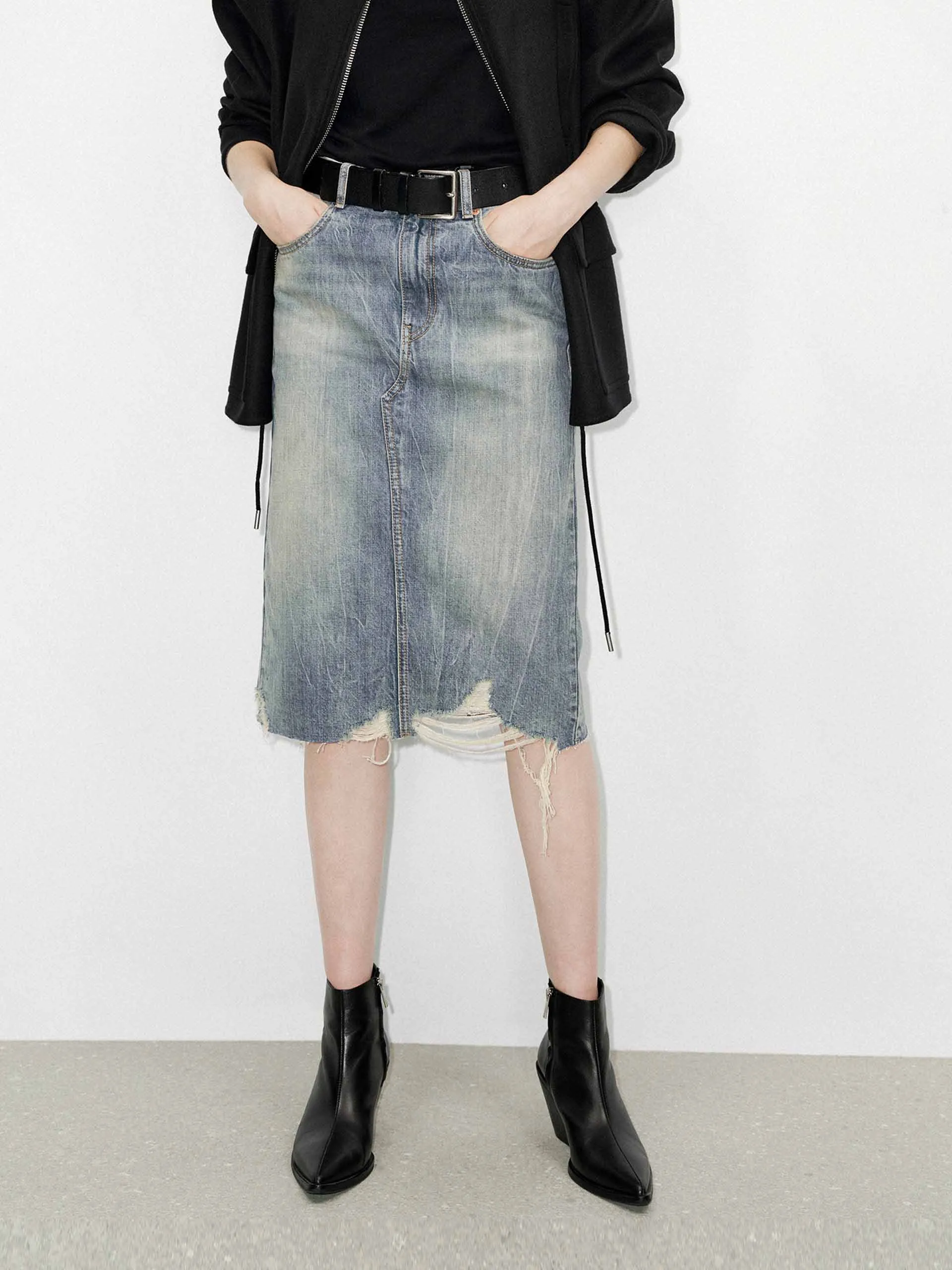 Back Slit Distressed Skirt