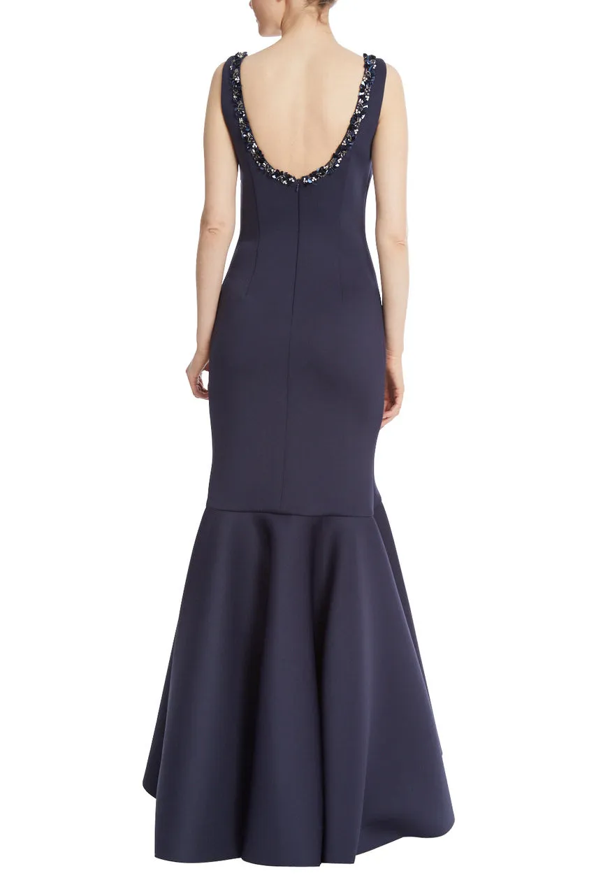 Badgley Mischka beaded scoop neck sleeveless bodycon zipper closure slit front ruffled trumpet scuba gown