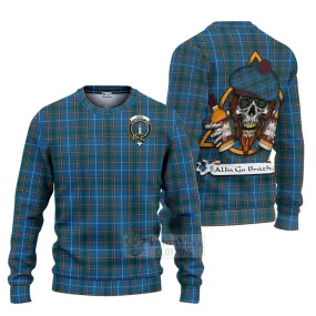 Bain Tartan Ugly Sweater with Family Crest and Bearded Skull Holding Bottles of Whiskey