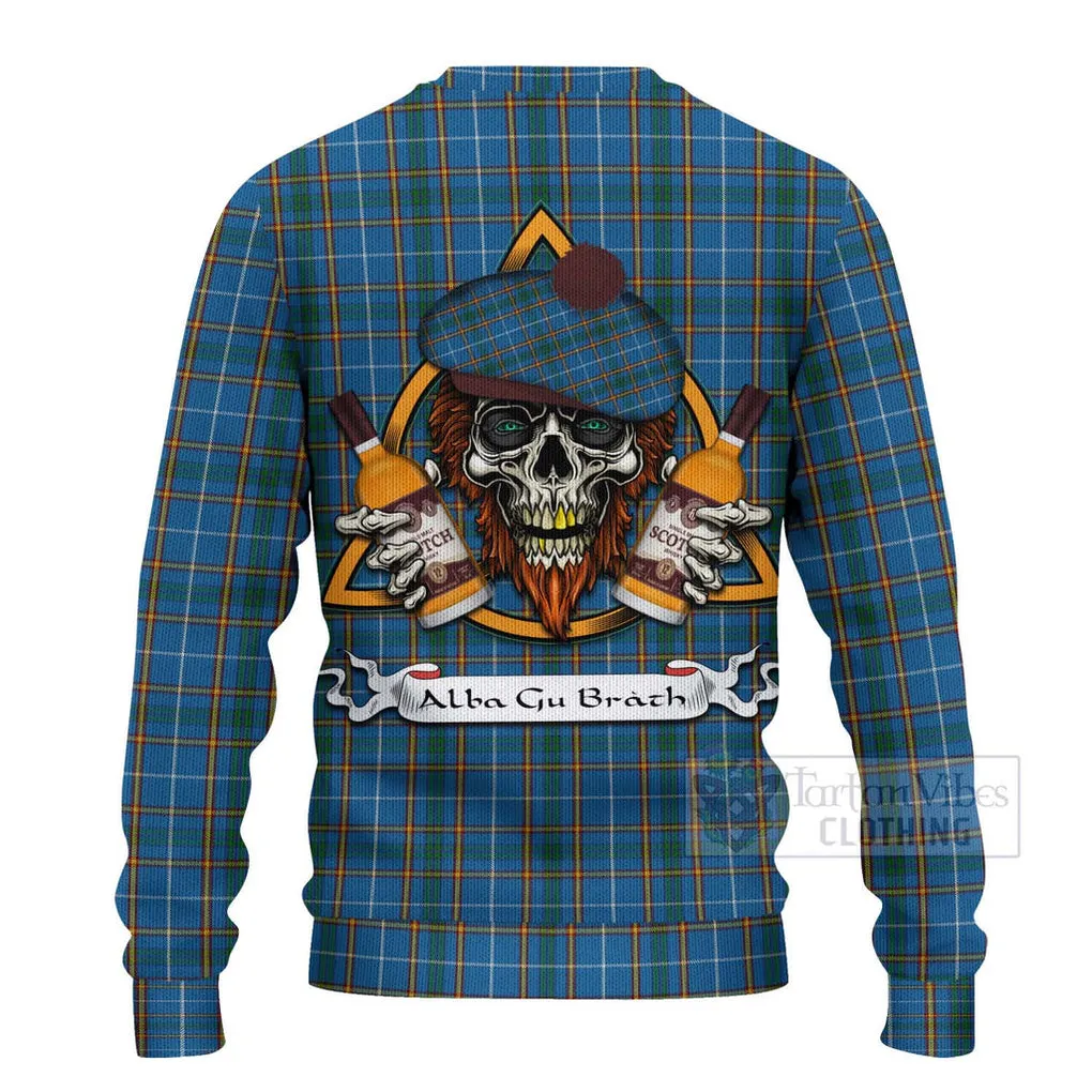 Bain Tartan Ugly Sweater with Family Crest and Bearded Skull Holding Bottles of Whiskey