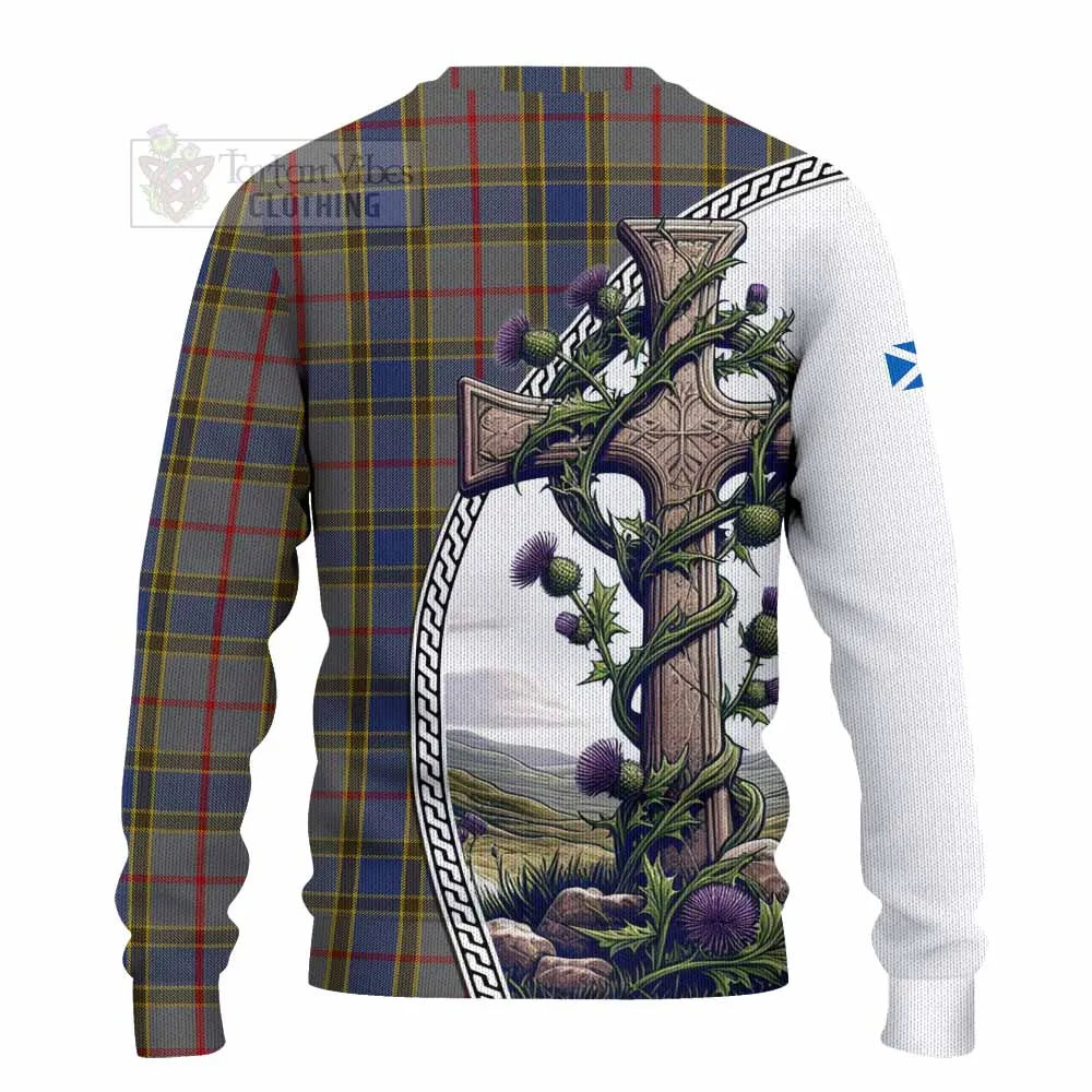 Balfour Tartan Knitted Sweater with Family Crest and St. Andrew's Cross Accented by Thistle Vines