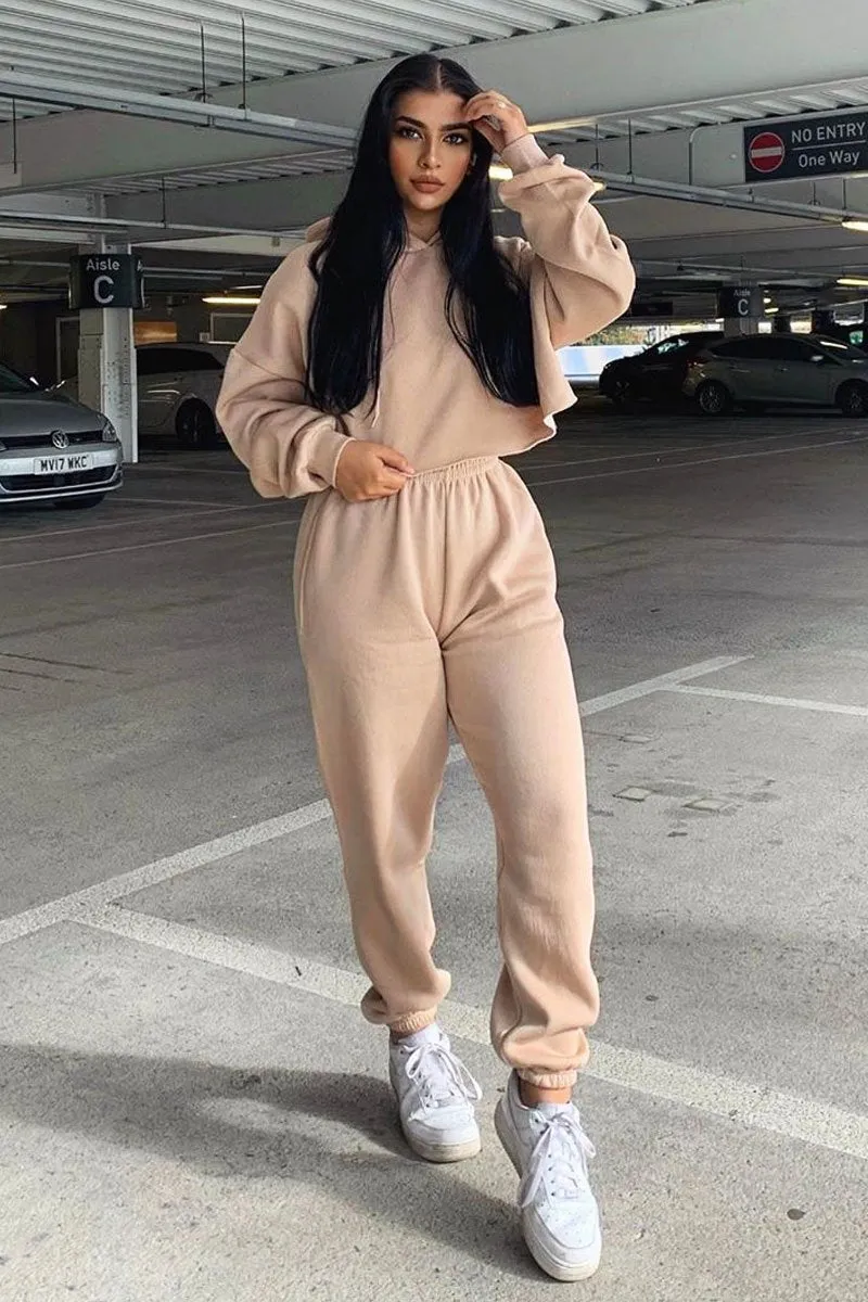 Beige Cropped Oversized Hoodie and Joggers Co-ord - Karenza