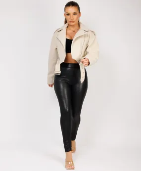 Beige Vegan Faux Wool Brushed Biker Jacket