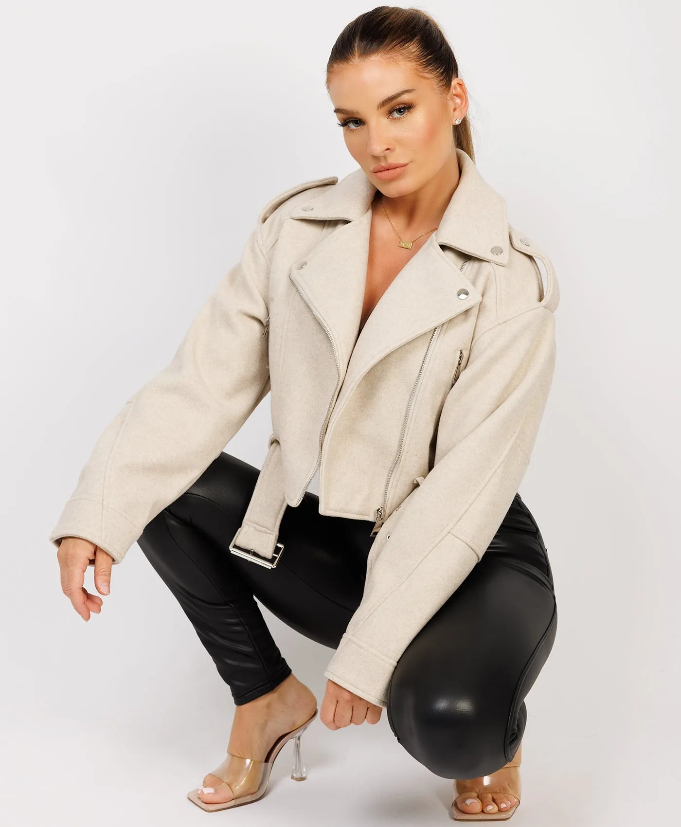 Beige Vegan Faux Wool Brushed Biker Jacket