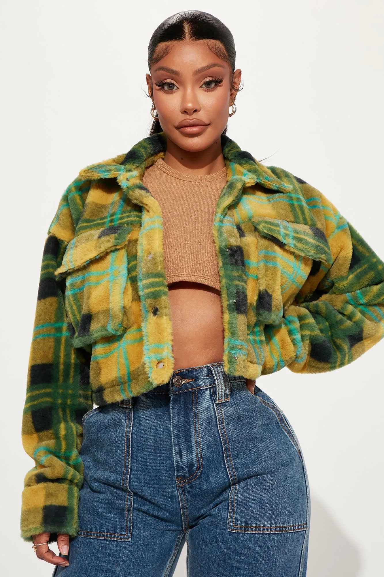 Better Believe Cropped Shacket - Green/combo