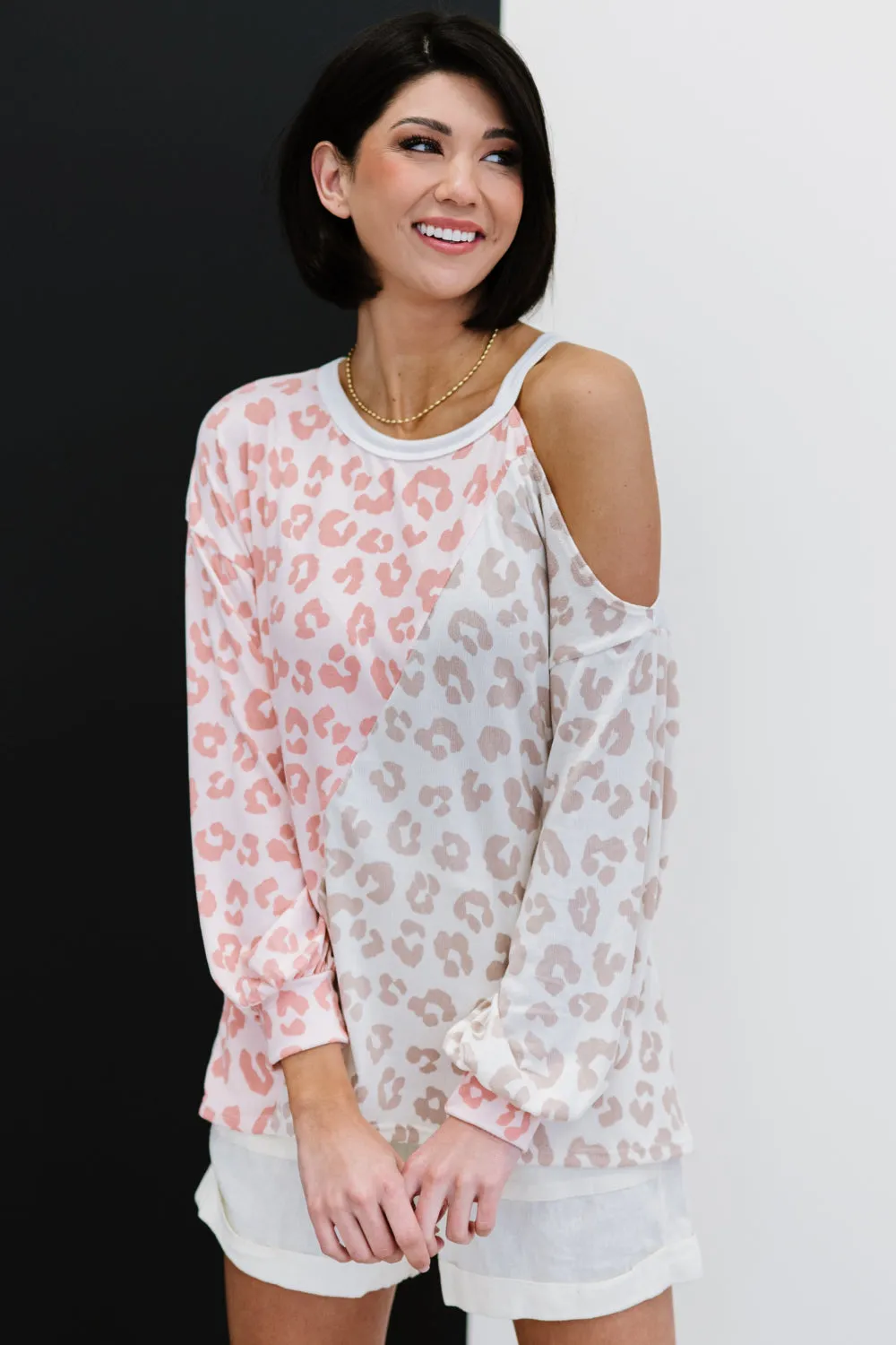 BiBi Just Wanna Have Fun Printed French Terry Top in Blush/Oatmeal