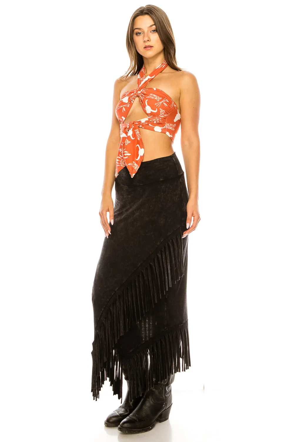 BLACK ACID WASH FRINGE MIDI SKIRT