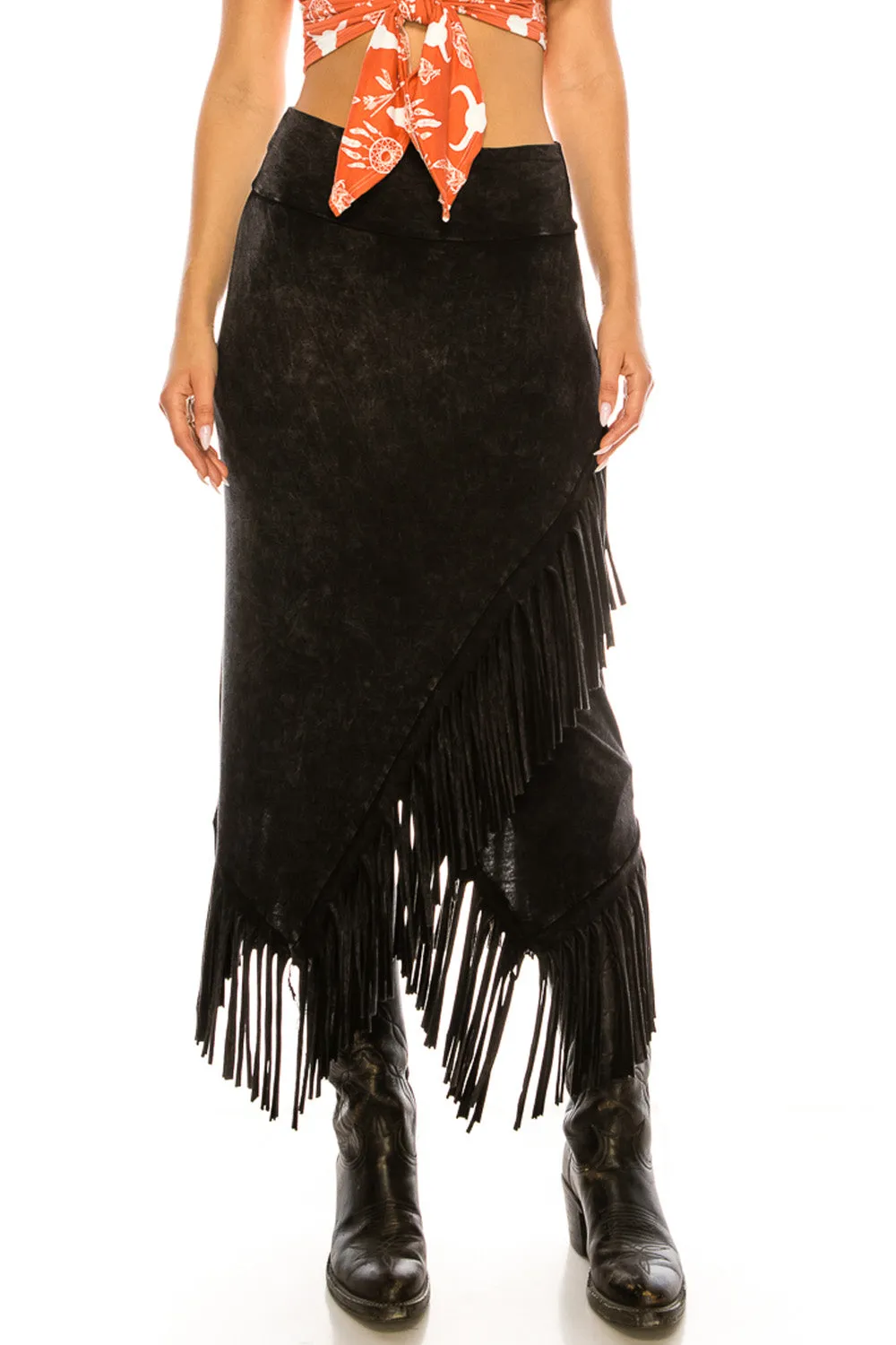 BLACK ACID WASH FRINGE MIDI SKIRT