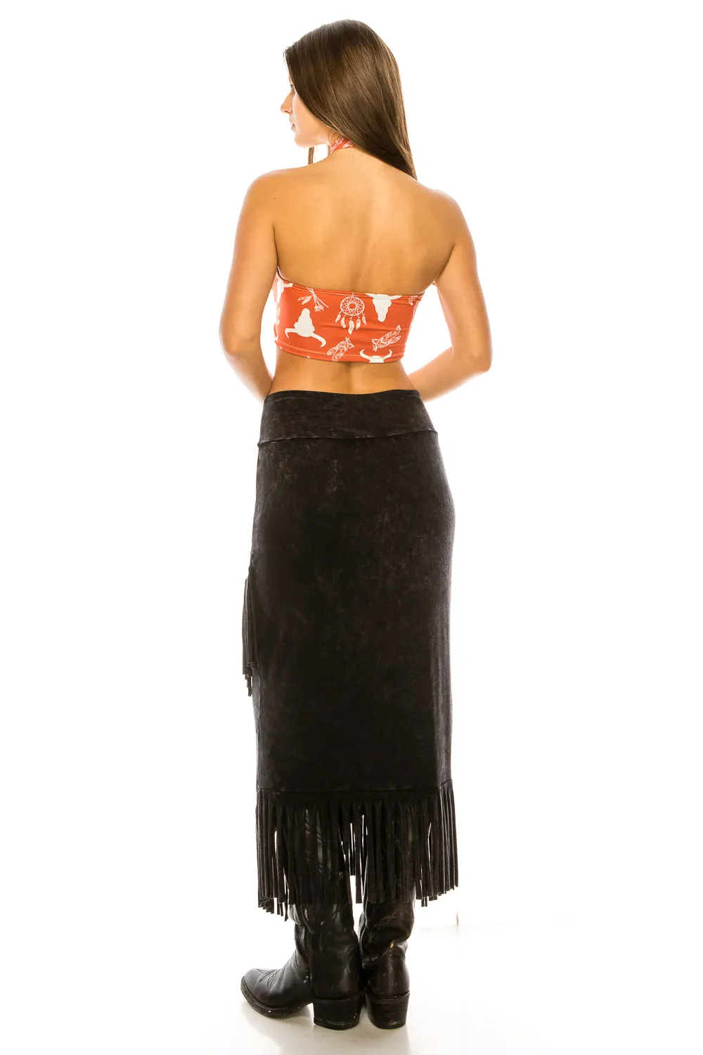 BLACK ACID WASH FRINGE MIDI SKIRT