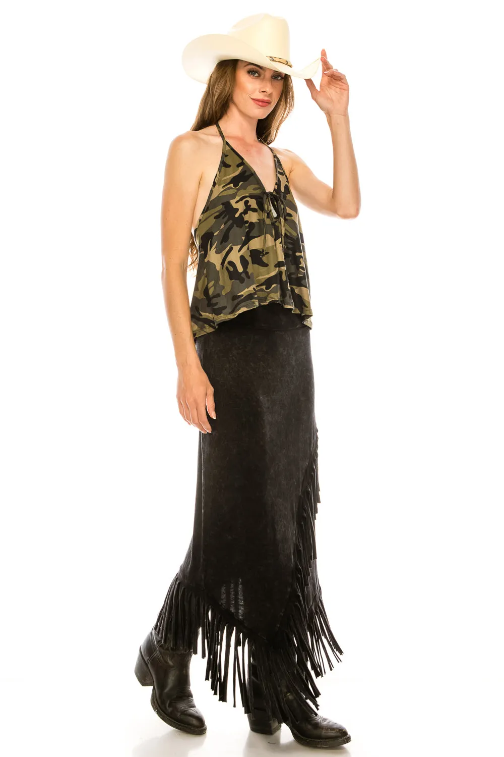 BLACK ACID WASH FRINGE MIDI SKIRT