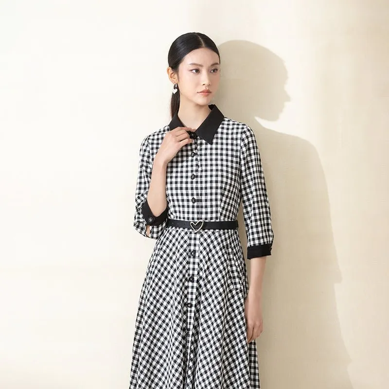 Black Checkered Waist Belted Midi Dresses