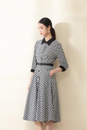 Black Checkered Waist Belted Midi Dresses