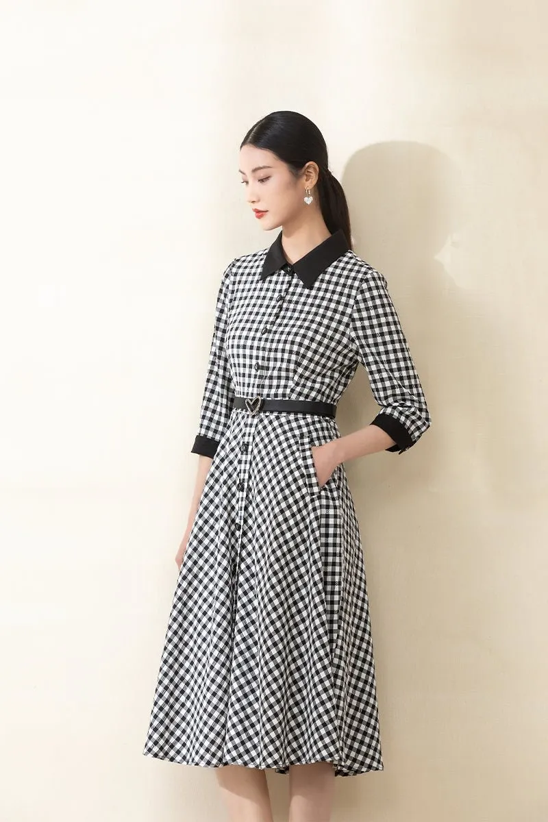 Black Checkered Waist Belted Midi Dresses