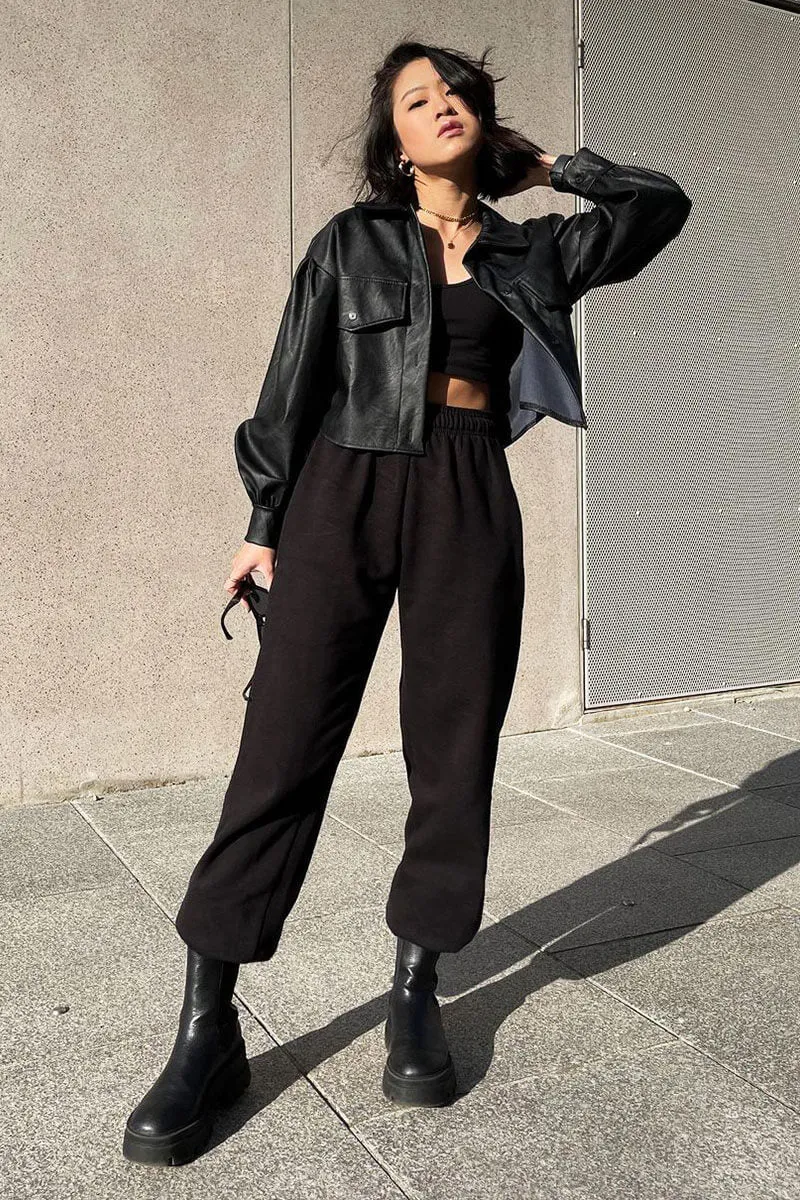 Black Faux Leather Cropped Shacket - Ivyana