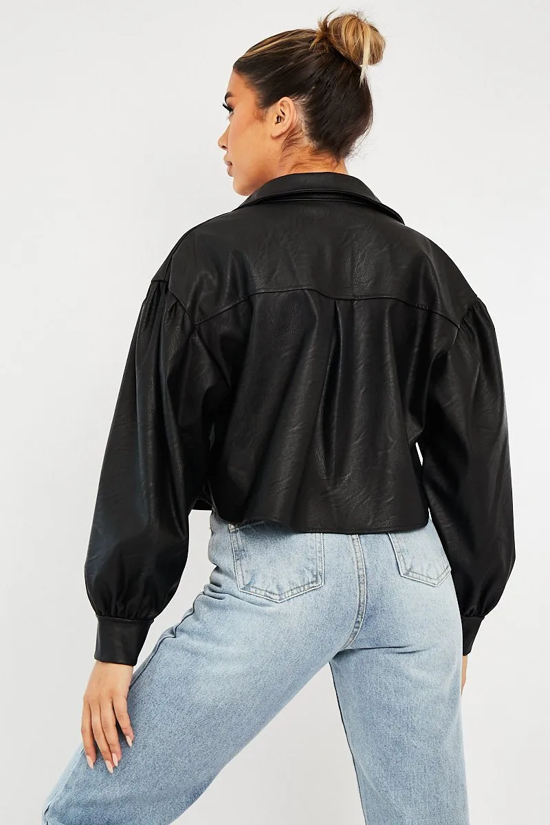 Black Faux Leather Cropped Shacket - Ivyana