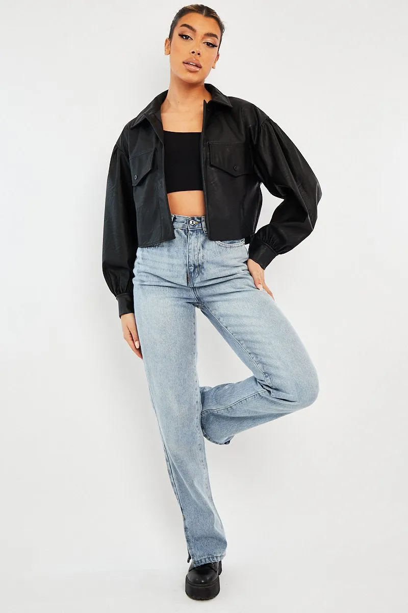 Black Faux Leather Cropped Shacket - Ivyana