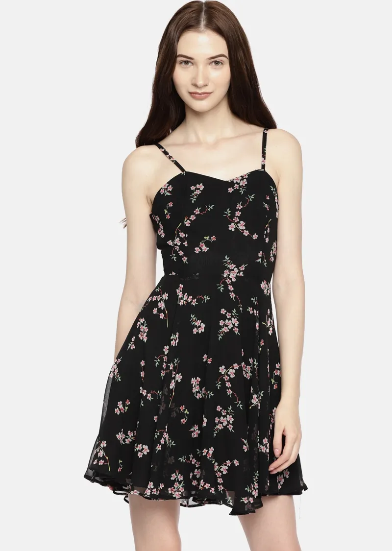 *Black Floral Printed Fit and Flare Dress