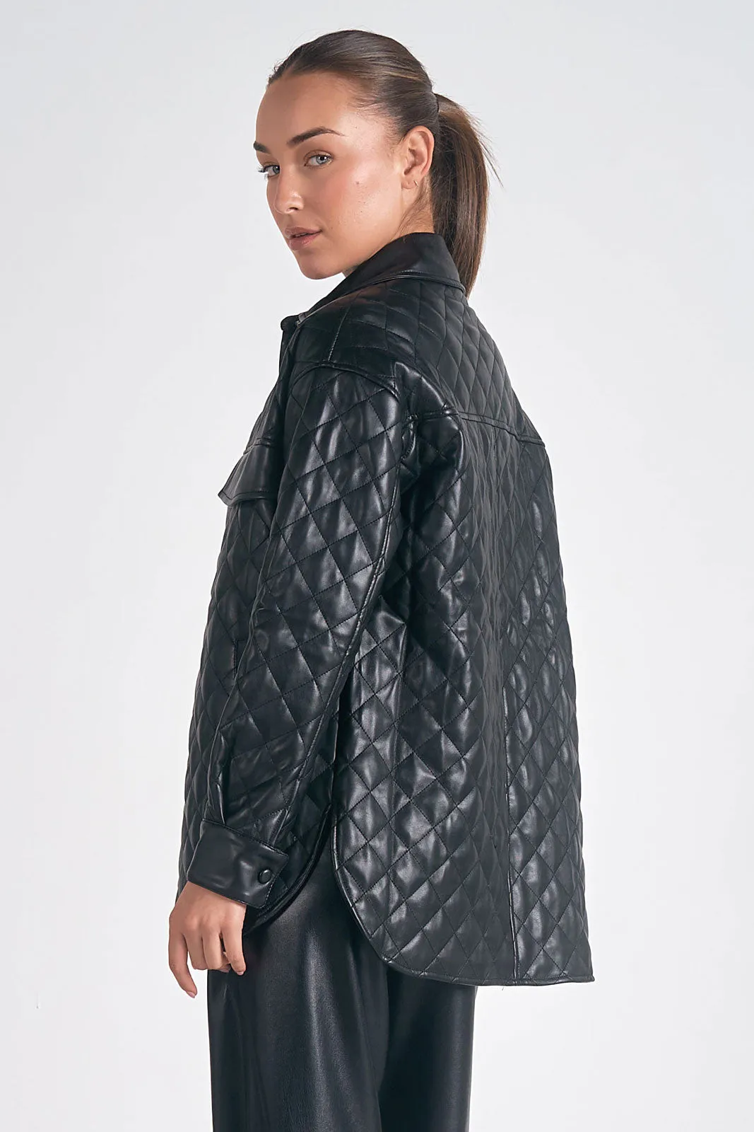 Black Quilted Faux Leather Shacket