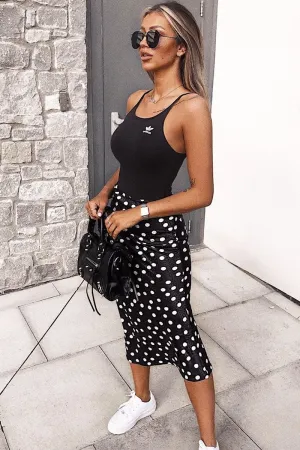 Black White Polka Jacquard Print Satin Midi Skirt - Taija