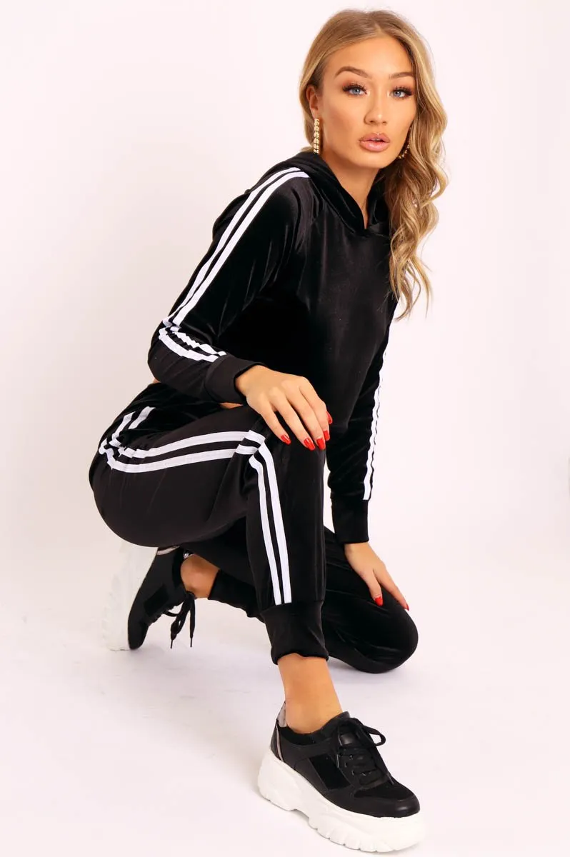 Black White Stripes Velvet Hoodie and Joggers Co-ord - Matie