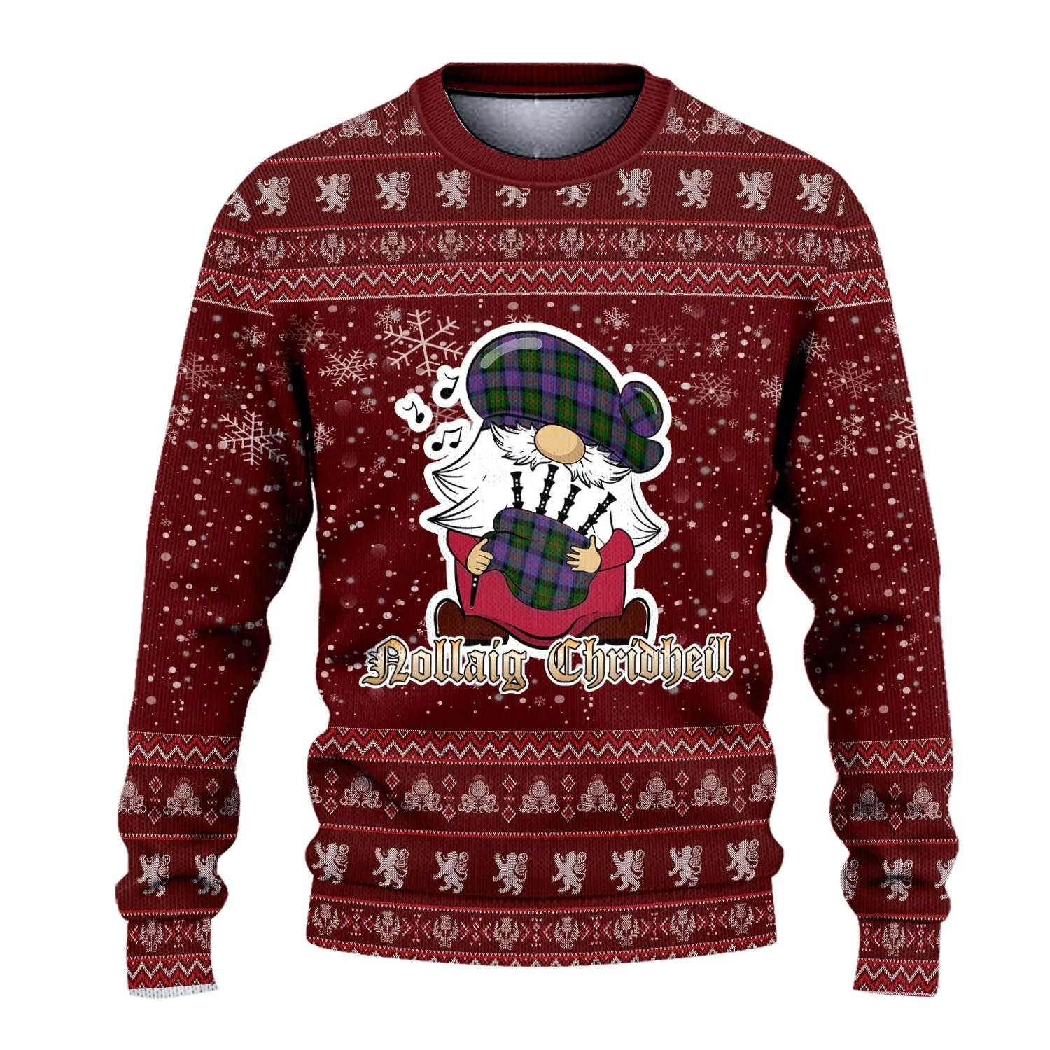 Blair Modern Clan Christmas Family Ugly Sweater with Funny Gnome Playing Bagpipes