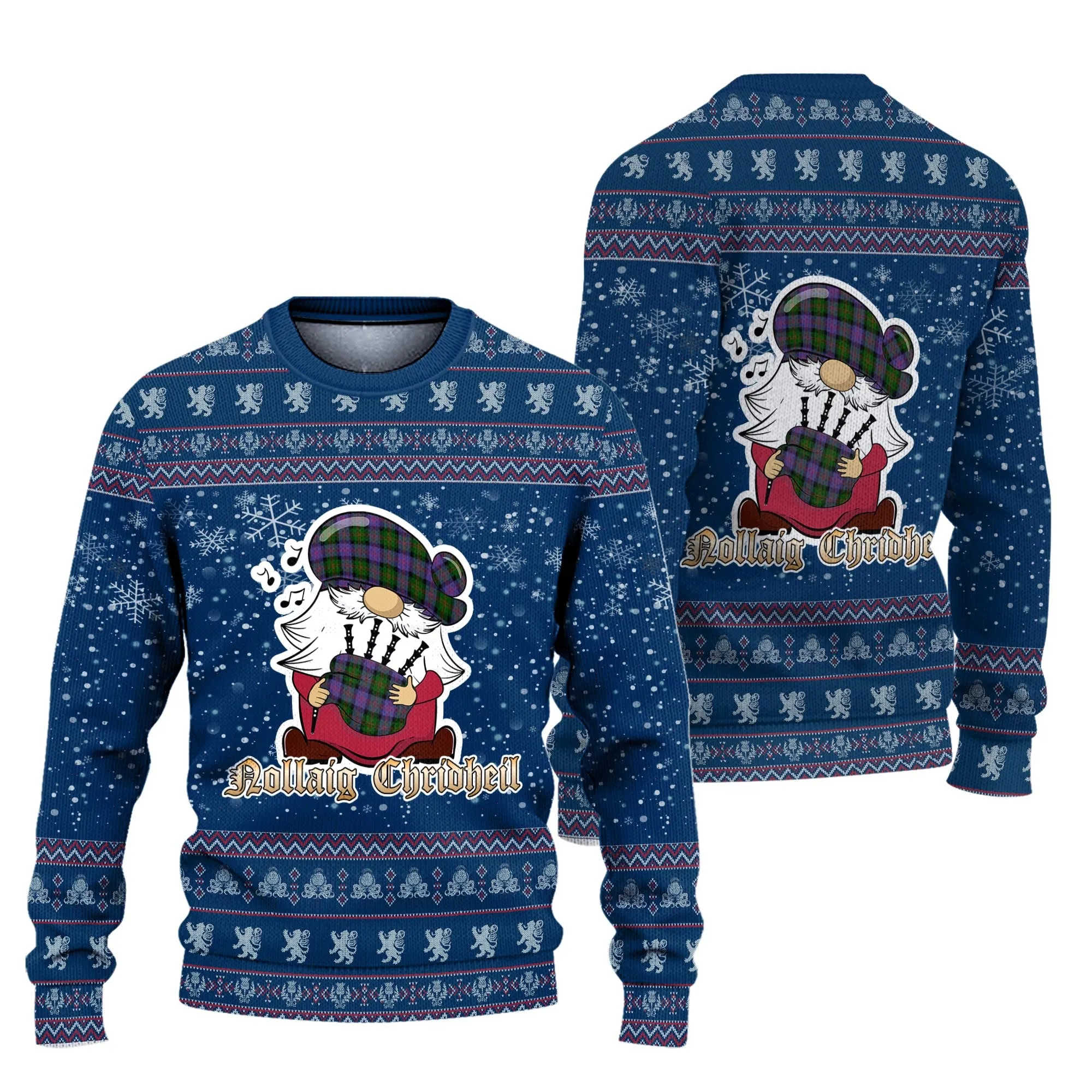 Blair Modern Clan Christmas Family Ugly Sweater with Funny Gnome Playing Bagpipes