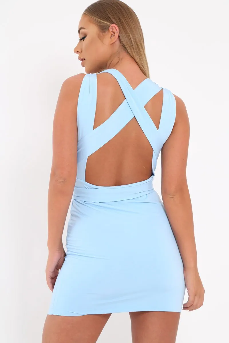 Blue Bodycon Plunge Ring Multi Way Dress -Shoni