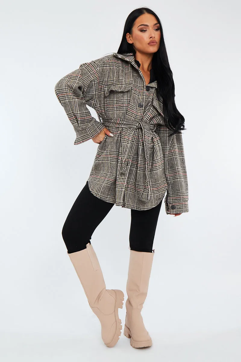 Brown Checked Belted Pocket Front Shacket - Christi